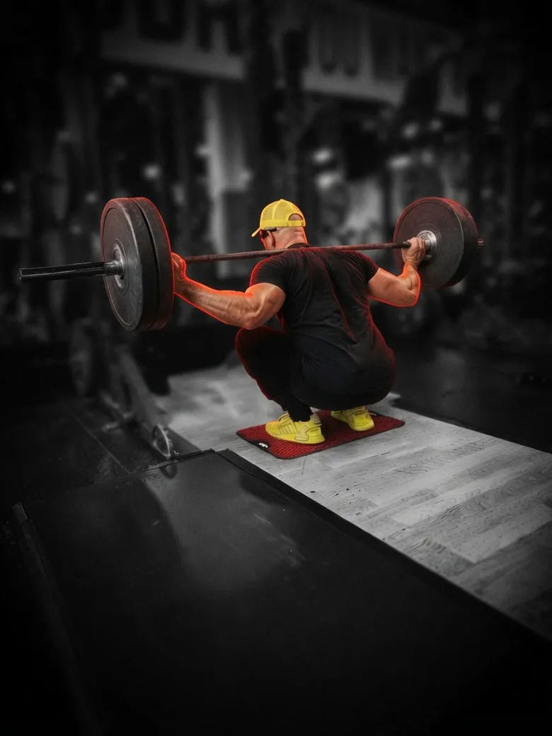 A lifter squatting with the mat underfoot