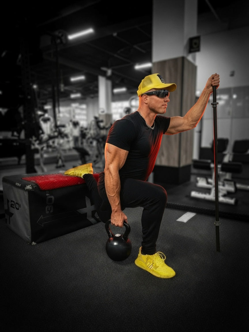 Lifter in a Bulgarian split squat, rear foot on a box topped with a PR Grip mat