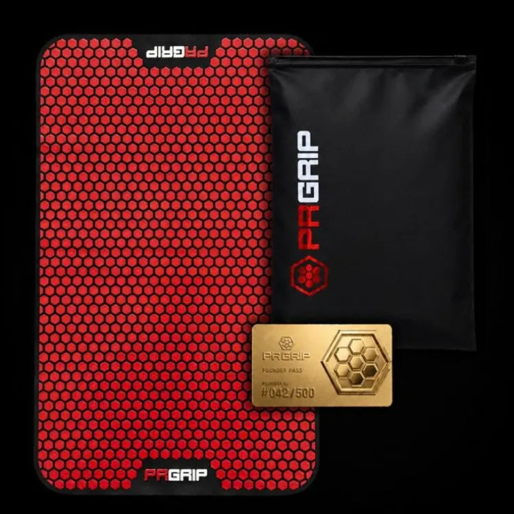 The PR Grip Mat, Founders Edition, with its carry bag and Founder card